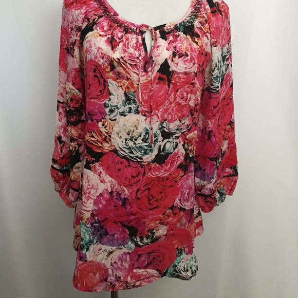 VANESSA VIRGINIA Anthropologie 100% Silk Rose Floral Print Tie Collar Shirt - Picture 7 of 8